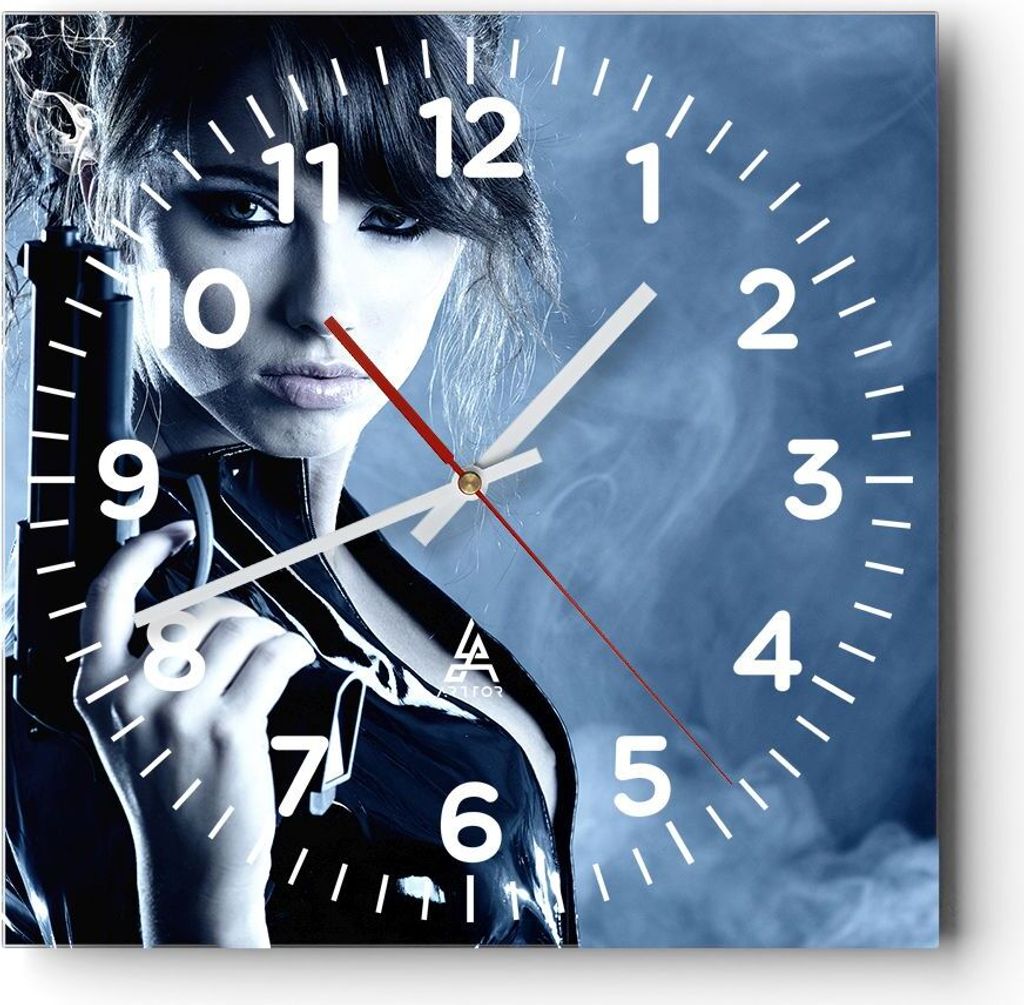 Wanduhr - Quadrat - Glasuhr - Frau Aktion Schuss Pistole - 40x40cm - Schleichendes Uhrwerk - Lautlos - zum Aufhängen bereit - Dekoration Modern - ...
