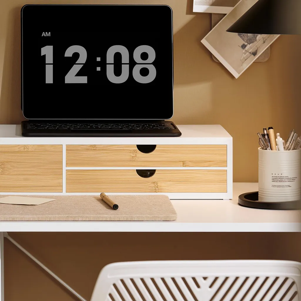 Support Écran PC Ergonomique Blanc pour Télétravail avec Rangements - 3