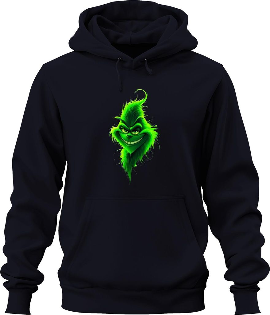 Grinch grinsendes Gesicht Weihnachten grün frech düster Uni Hoodie Kapuzenpullover, Navy, S