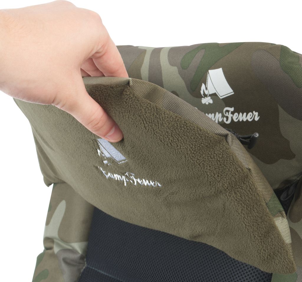 Chaise Longue De Pêche CampFeuer – Camouflage Vert Olive, Hauteur Réglable, Dossier Inclinable, Rembourrée, Capacité 150 Kg, Pliable