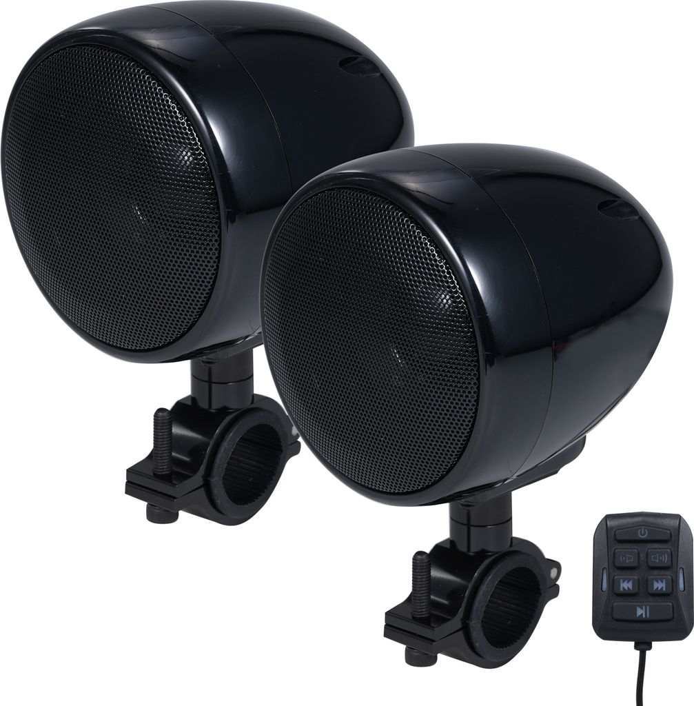 A pair of black motorcycle speakers with mounting hardware and a remote control.