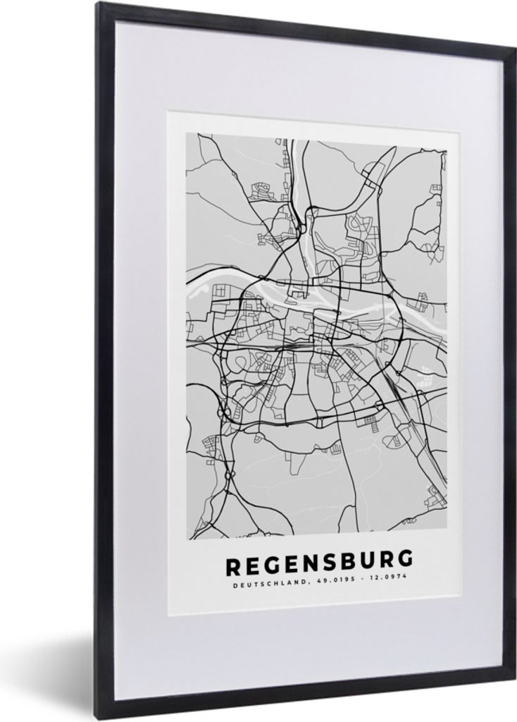 MuchoWow Gerahmtes Poster Deutschland - Stadtplan - Regensburg - Karte 40x60 cm - Poster mit Schwarzem Bilderrahmen Wandposter Rahmen Foto Bilder...