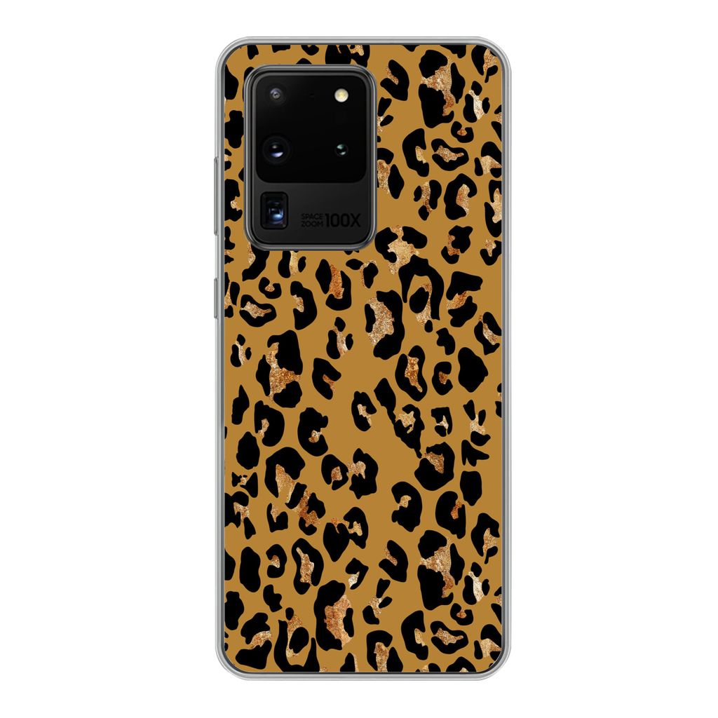 MuchoWow Handyhülle Schutzhülle Hülle für Samsung Galaxy S20 Ultra Pantherdruck - Gelb - Gold Silikon Softcase Handy Hülle - Karteninhaber