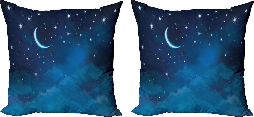 ABAKUHAUS Sterne Kissenbezug Set (2Stück), Nacht Silhouette Illustration Mit Wasserfarben Halbmond Mond Und Wolken, 40 x 40 cm, Nachtblau und Hell...