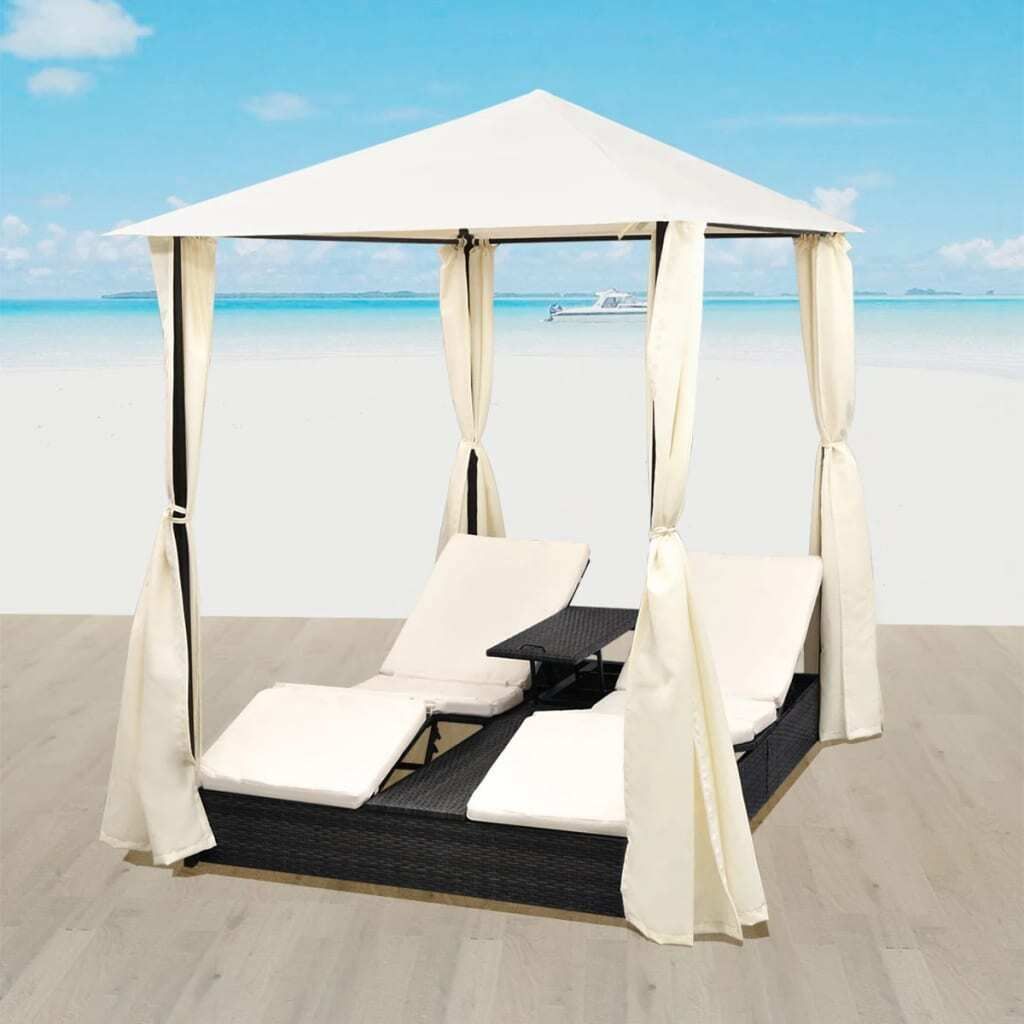 Möbel Doppel-Sonnenliege mit Vorhang Poly Rattan Schwarz - Gartenliegen 42891