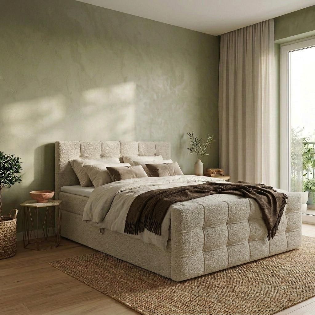 ELVORA DESIGNE Boxspringbett 140x200 cm CLOUDLUX mit Bonellmatratze H3 & Topper, 2 Bettkasten, Creme