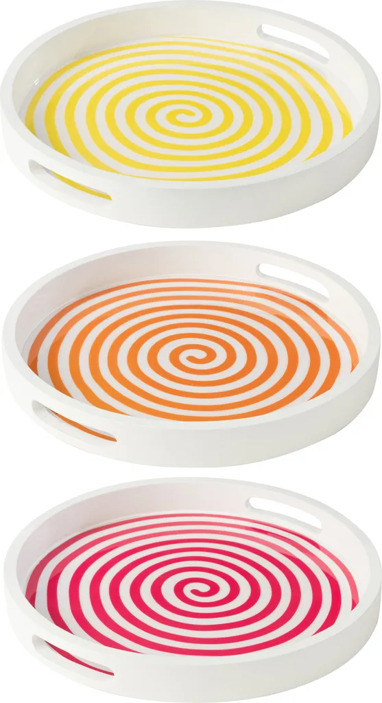 J-Line Plateau Rond Bois de Manguier Rose Orange Jaune Lot de 3 Pièces