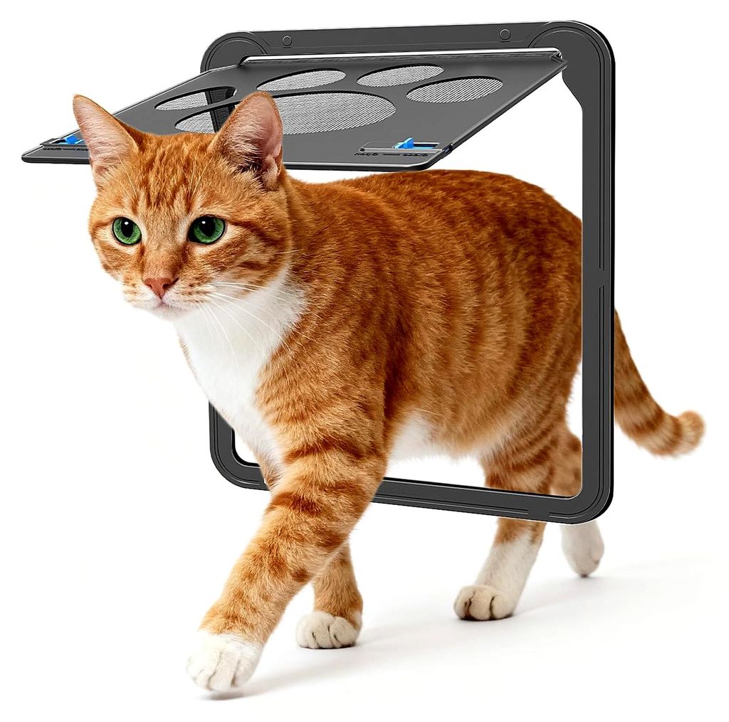 Katzentür für Fliegengitter, Hundeklappe für Schiebetüren und Fenstertüren, Automatisch schließend, Verriegelbar, Schwarz