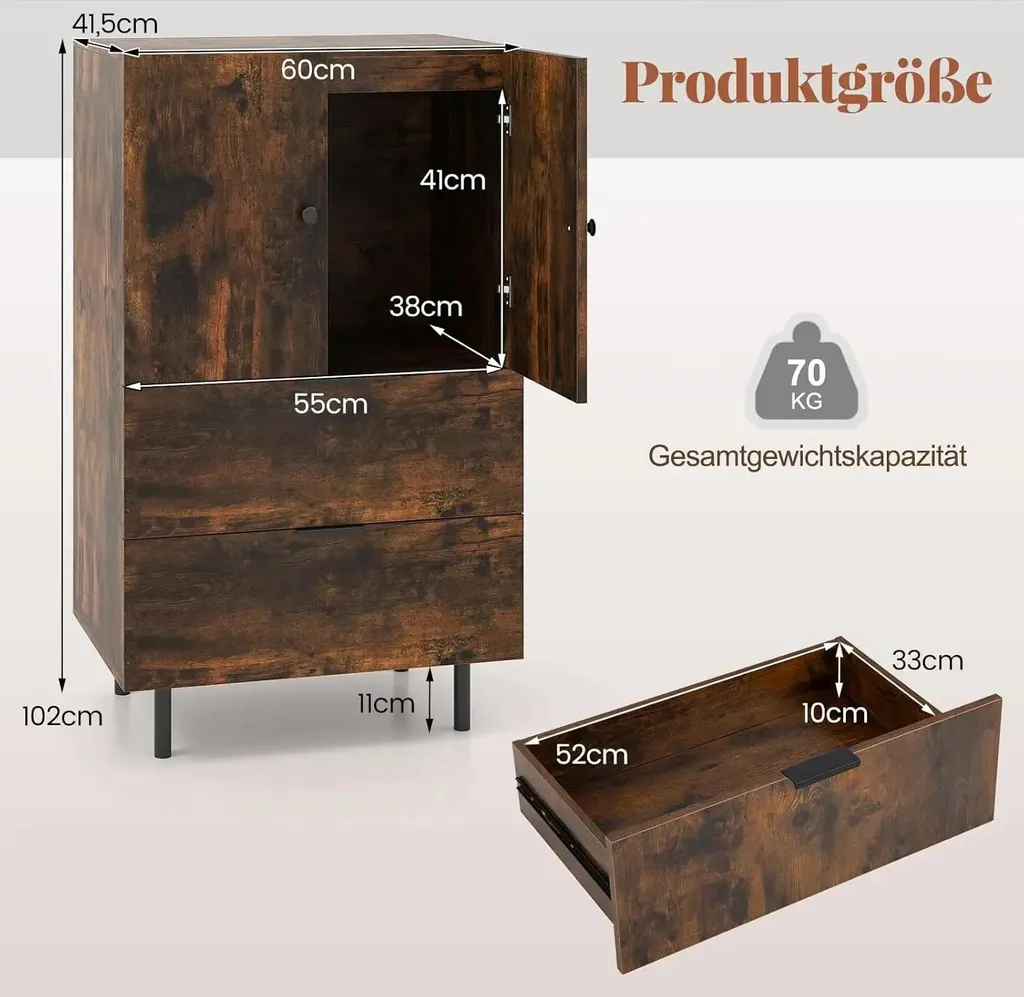 Buffet de rangement pour petit appartement, meuble marron 60cm métal