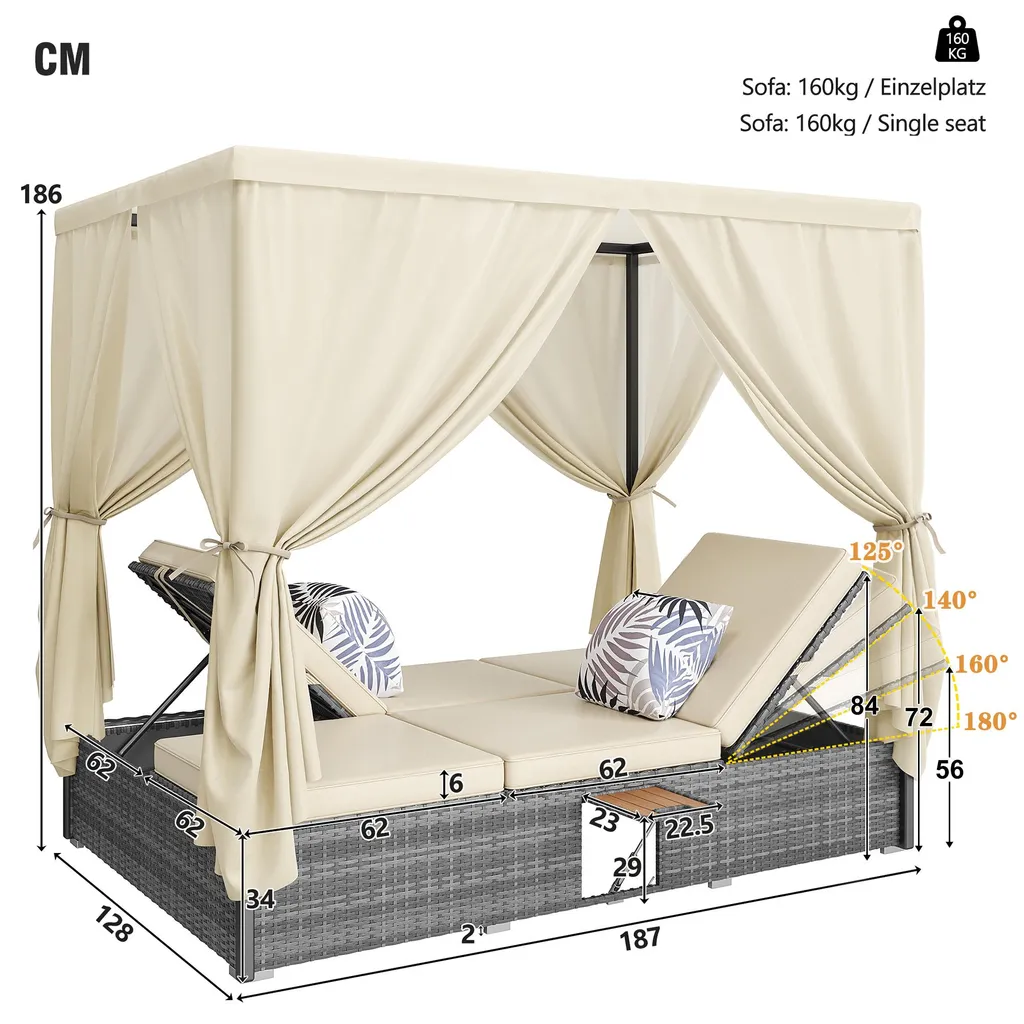 Bain de soleil double avec toit réglable et table pliante pour terrasse - 4