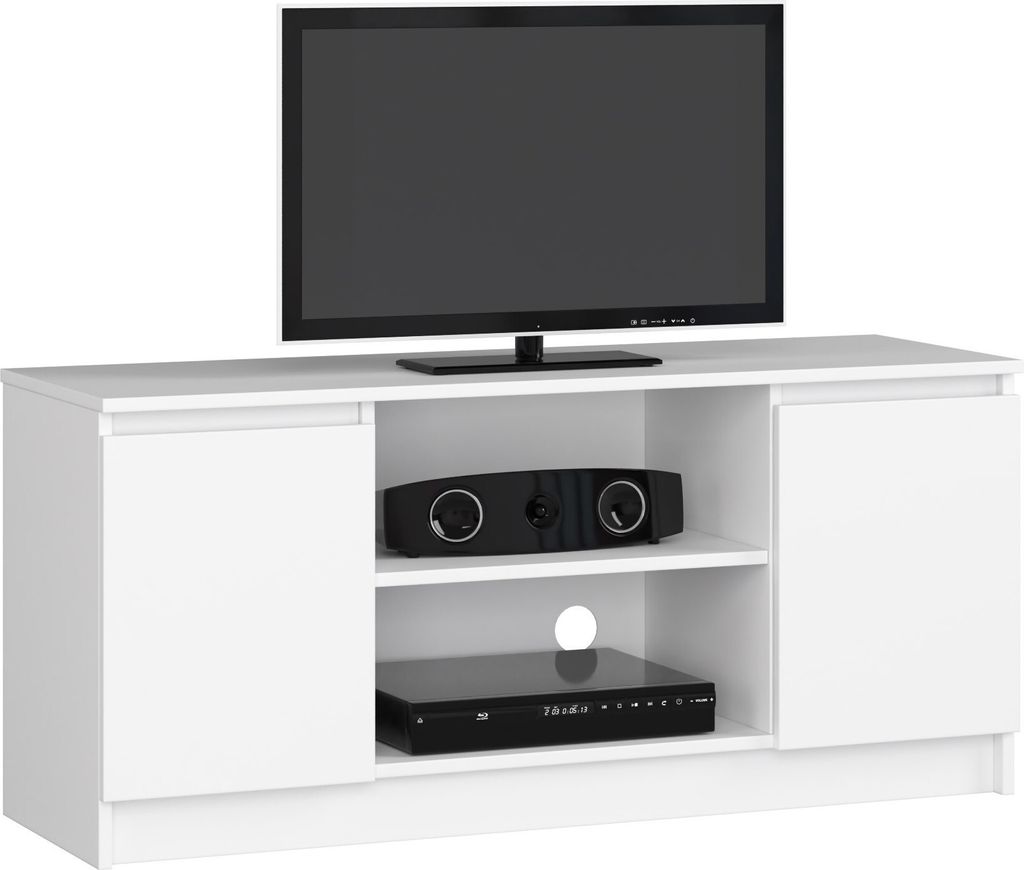 A white TV stand with a black television on top and electronic devices on the shelves.