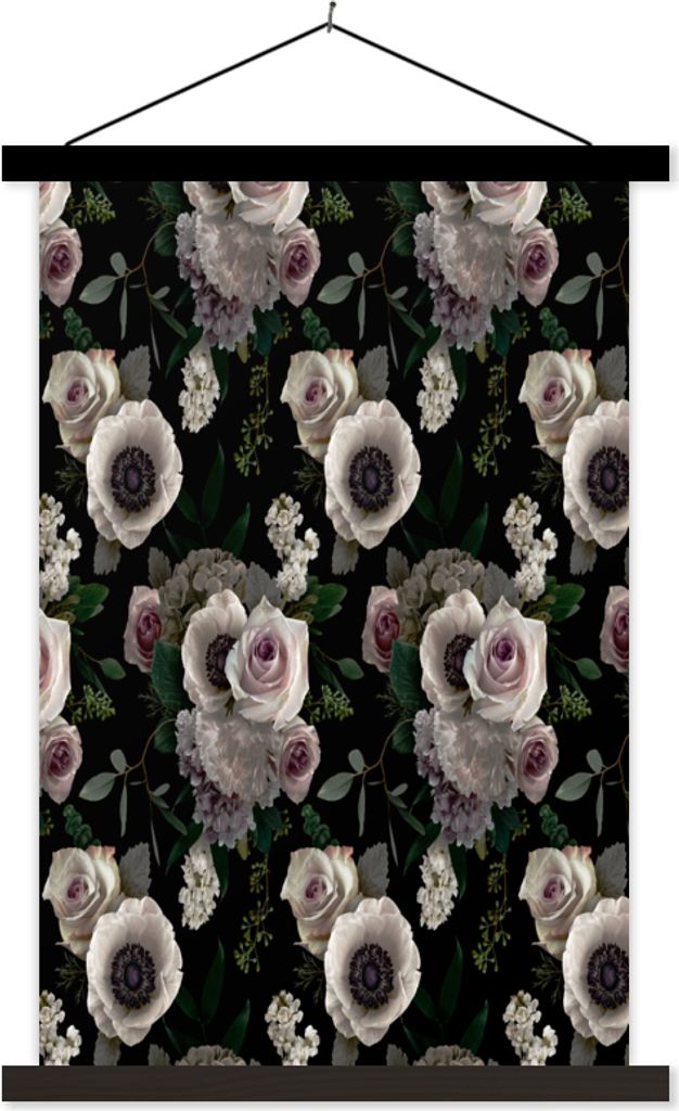 MuchoWow Textilposter Blumen - Rose - Anemone 40x60 cm mit schwarzem Rahmen - Wanddekorationen