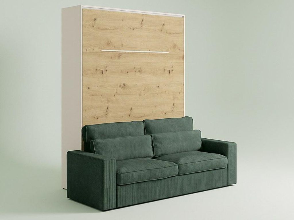 Schrankbett 160 x 200 cm - Manuelles vertikales Öffnungssystem - Mit LEDs - Beige und Natur + Grünes Sofa - RAPILI