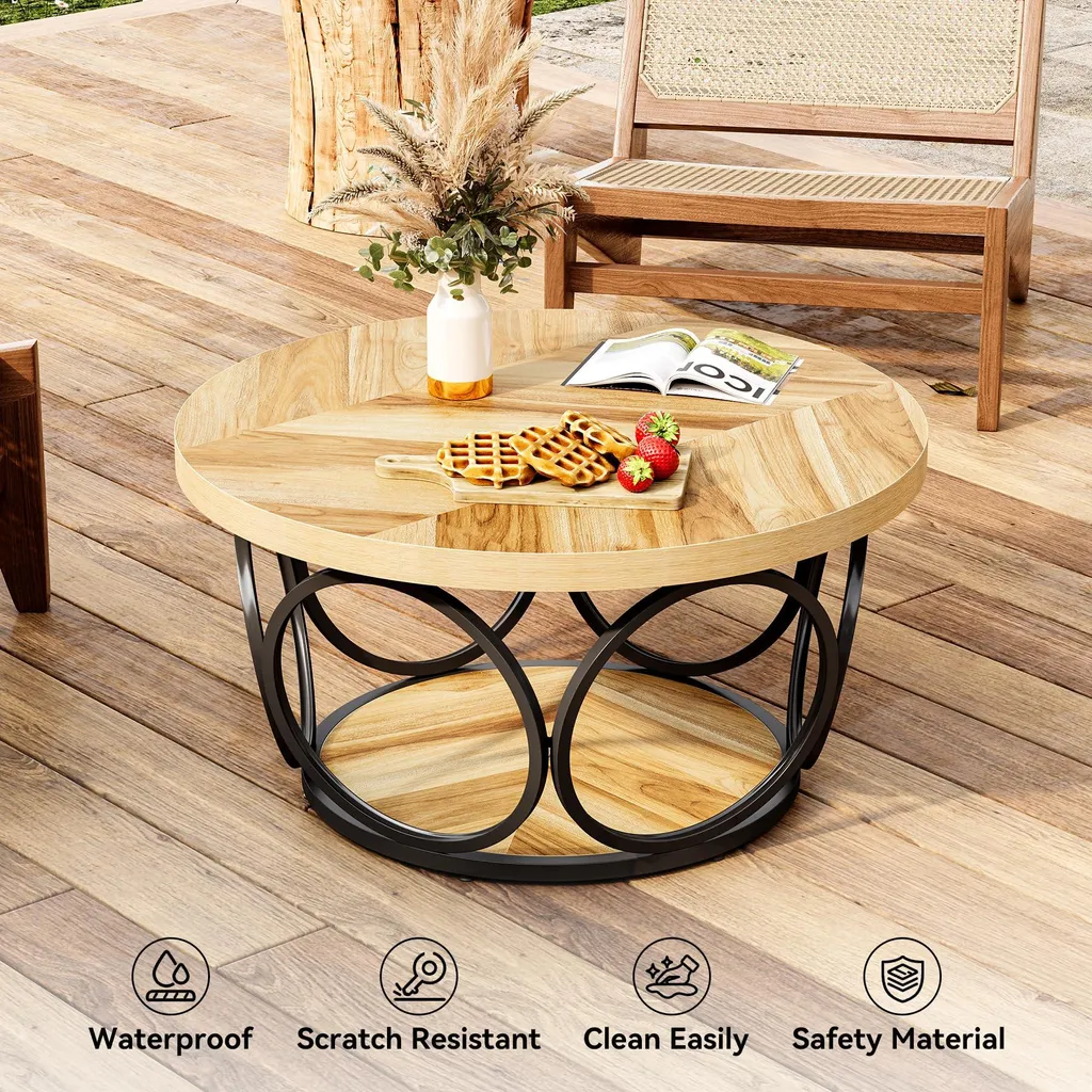 Table Basse Ronde 80 cm de Style Rustique Marron avec Double Tablette