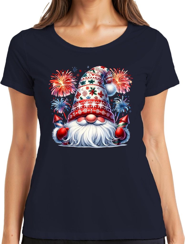 Weihnachtsmann mit Feuerwerk festliche Mütze Gnome Kunst Santa Damen T-Shirt, Navy, M