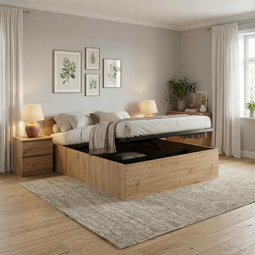 Komvortowy | Bett 160x200 Cm | Doppelbett Mit Metall-Lattenrost | EICHE ARTISAN | Bettkasten Ohne Bodenplatte | Hochklappbar Nach Oben
