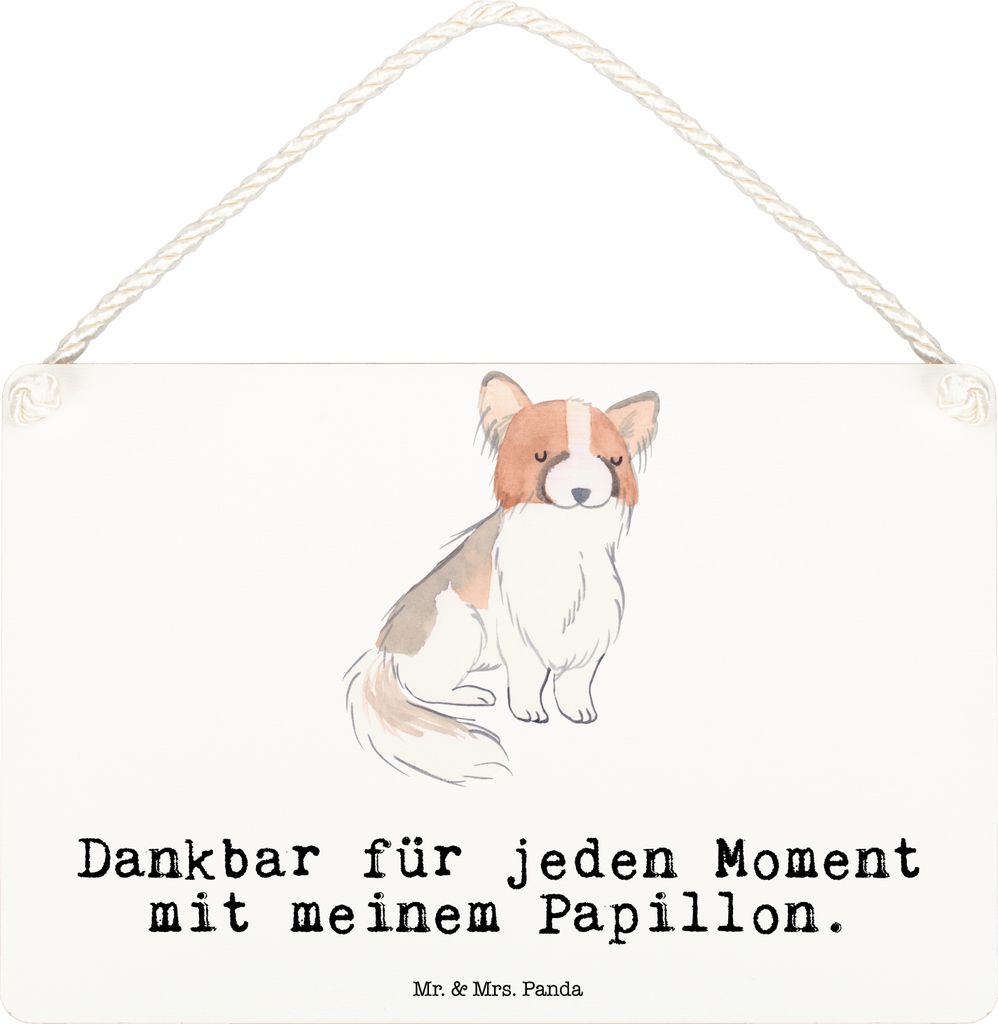 Mr. & Mrs. Panda Schild Papillon Moment DIN A6 - Weiß - Geschenk, Deko Wandbild, holzbild, Kontinentaler Zwergspaniel, wandtafel, Türschild, Holz
