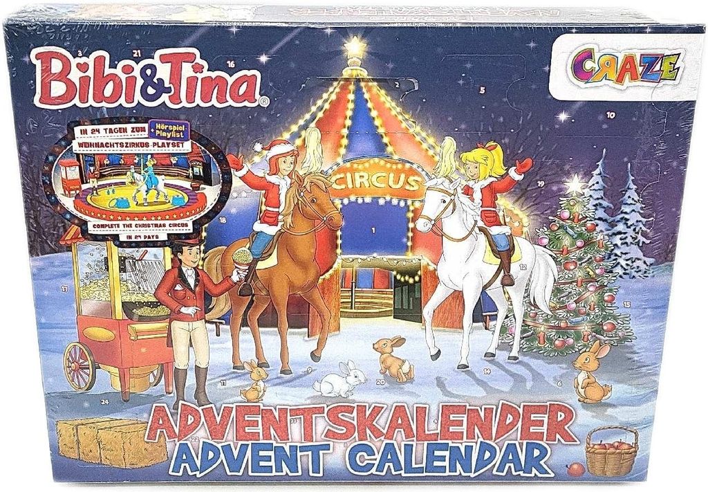 A Christmas advent calendar box featuring characters from Bibi & Tina in a circus setting.