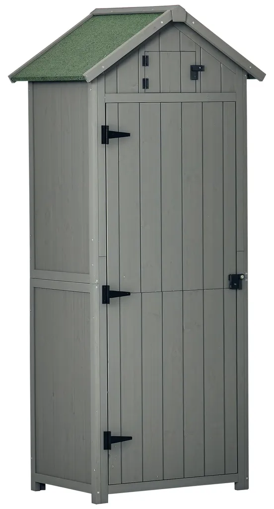 Armoire de jardin grise en bois traité avec toit bitumé et 2 portes 179cm