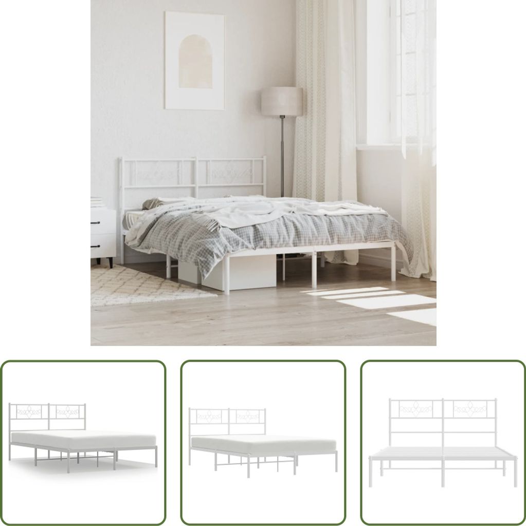 The Living Store Bettgestell mit Kopfteil Metall Weiß 135x190 cm