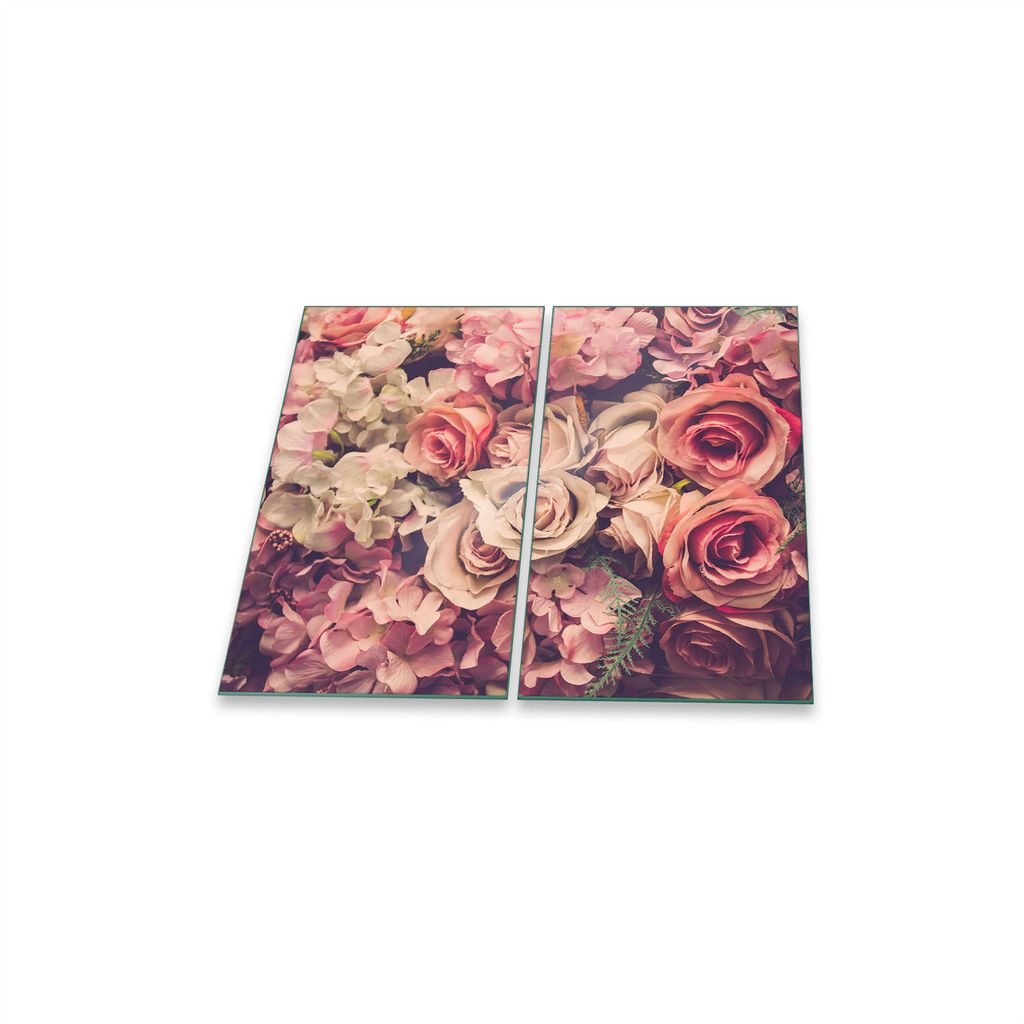 Herdabdeckplatte Glaskeramik 2-teilig 2x30x52 Rosen Bunt Abdeckung Glas Spritzschutz