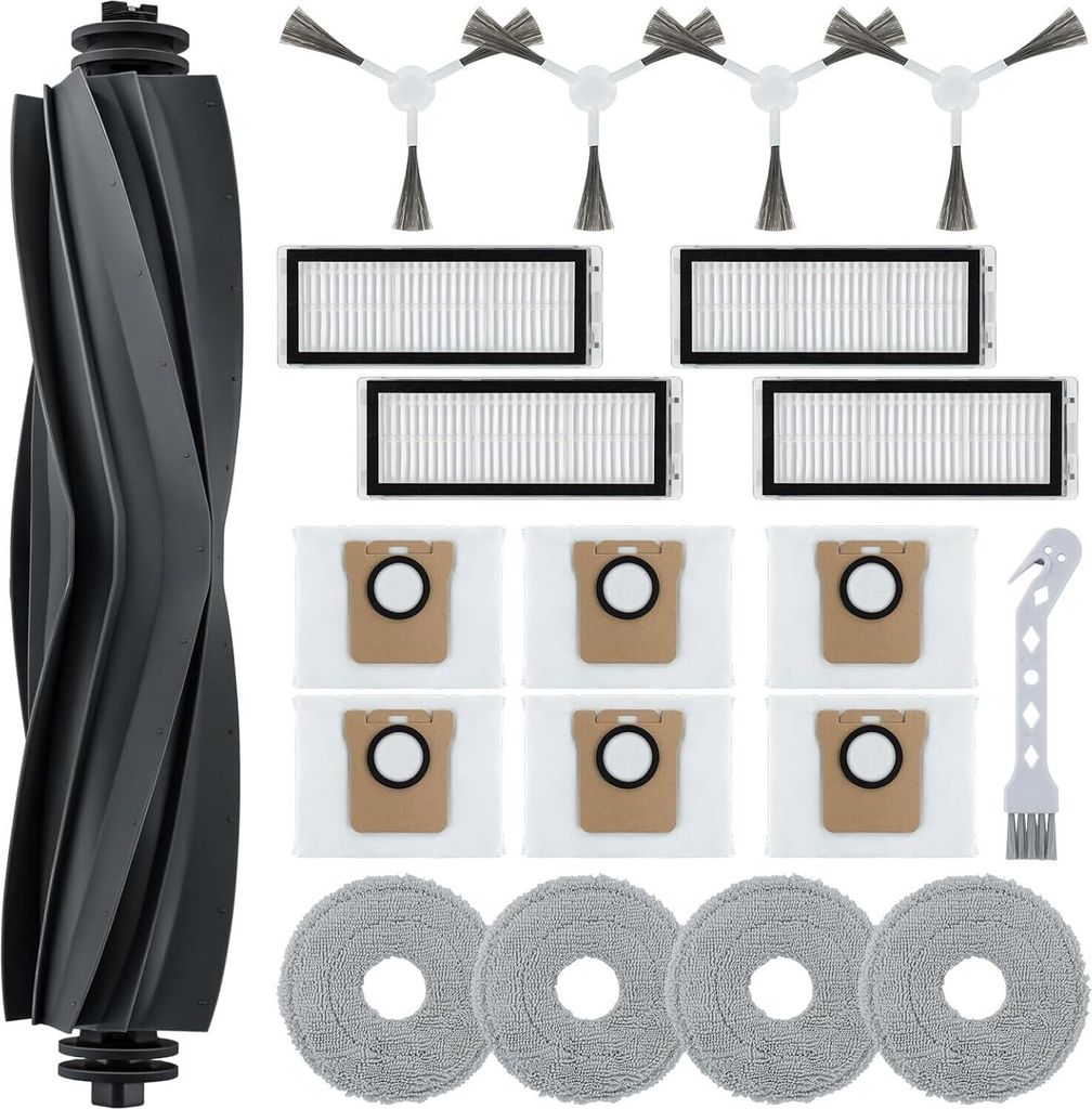 A collection of cleaning accessories for a robot vacuum cleaner, including a main brush, filters, mop pads, side brushes, dust bags, and a cleaning tool, laid out on a white background.