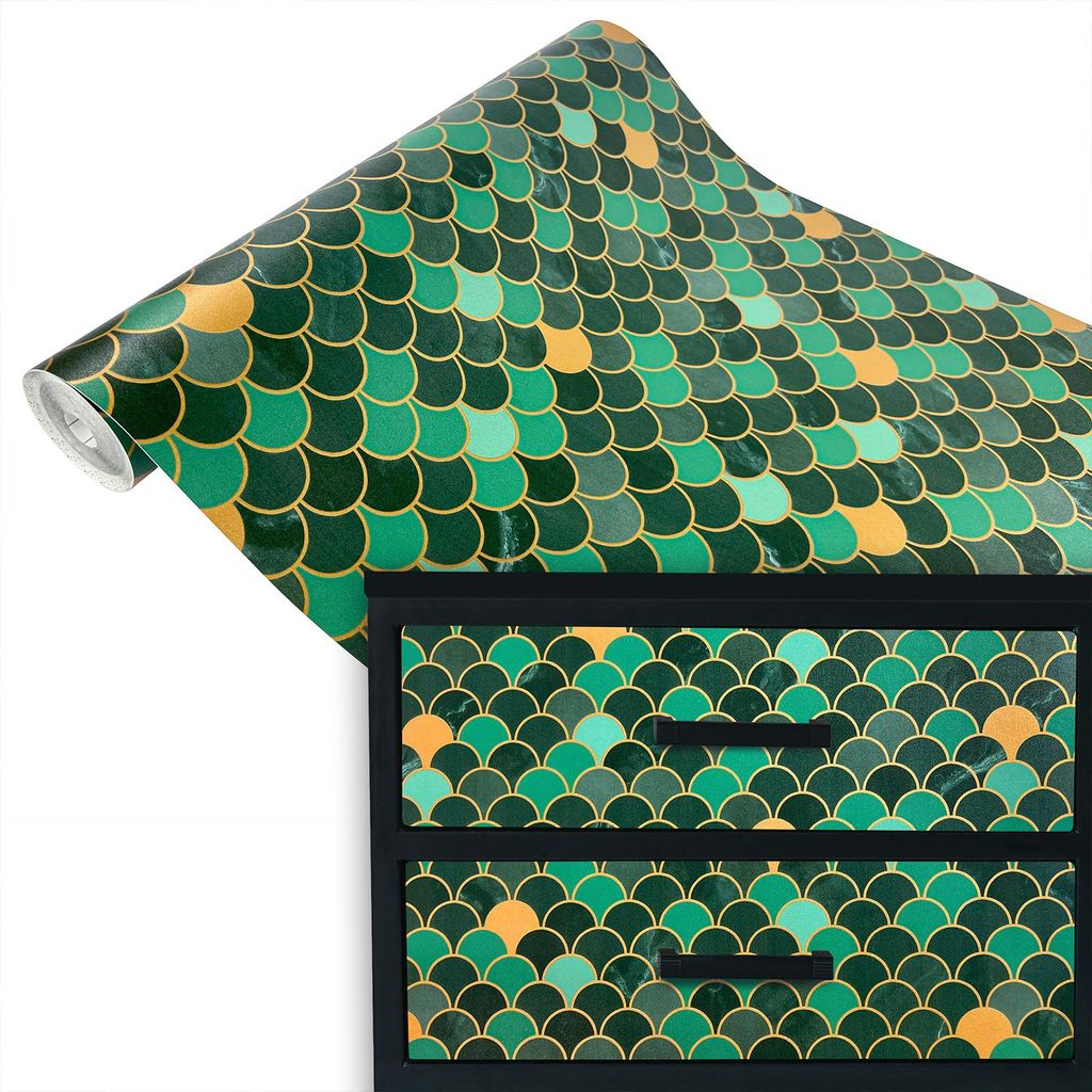 Klebefolie Möbel 45x100 cm - Schale Grün/Gold - Möbelfolie selbstklebend in Deko-Stil - Folie für Möbel zur schnellen Renovierung von Türen, ...