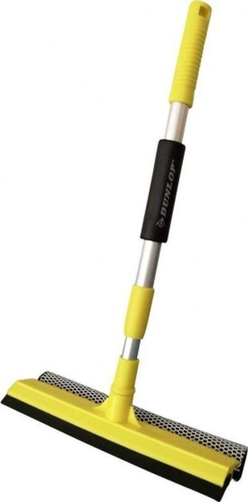 A yellow and silver window squeegee with a telescopic handle is shown against a white background.