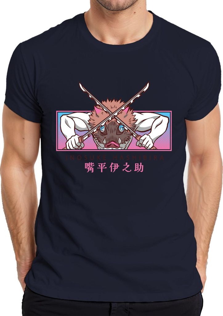 Inosuke Hashibira Ebermaske Gekreuzte Schwerter Kimetsu Geschenk Herren T-Shirt, Navy, M