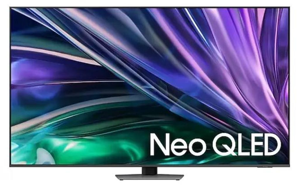 A Samsung Neo QLED 4K Smart TV is displayed on a stand against a dark background. The screen shows a colorful, abstract image.