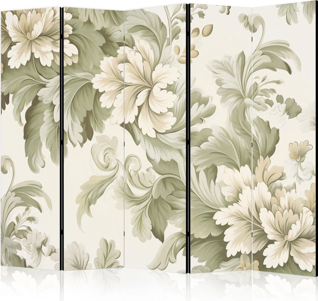 5-teiliger Doppelseitiger Vlies Paravent - Retro Vintage Flowers in Delicate Cream and Green Colors. 225x172 cm Blumen f-H-10015-z-b