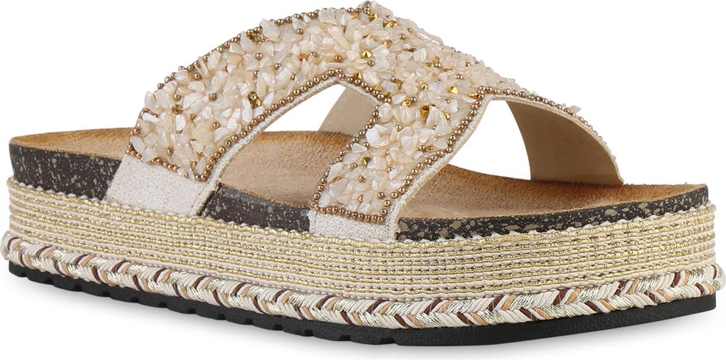 VAN HILL Damen Pantoletten Sandaletten Nieten Zierperlen Plateau Schuhe 841547, Farbe: Beige, Größe: 37