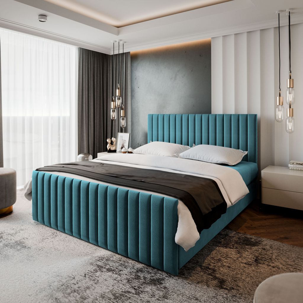 Masseno Boxspringbett ARION 140x200 cm Komplett-Set mit Bonell Matratze und Topper, Polsterbett mit Bettkästen -Blau, KRONOS 13