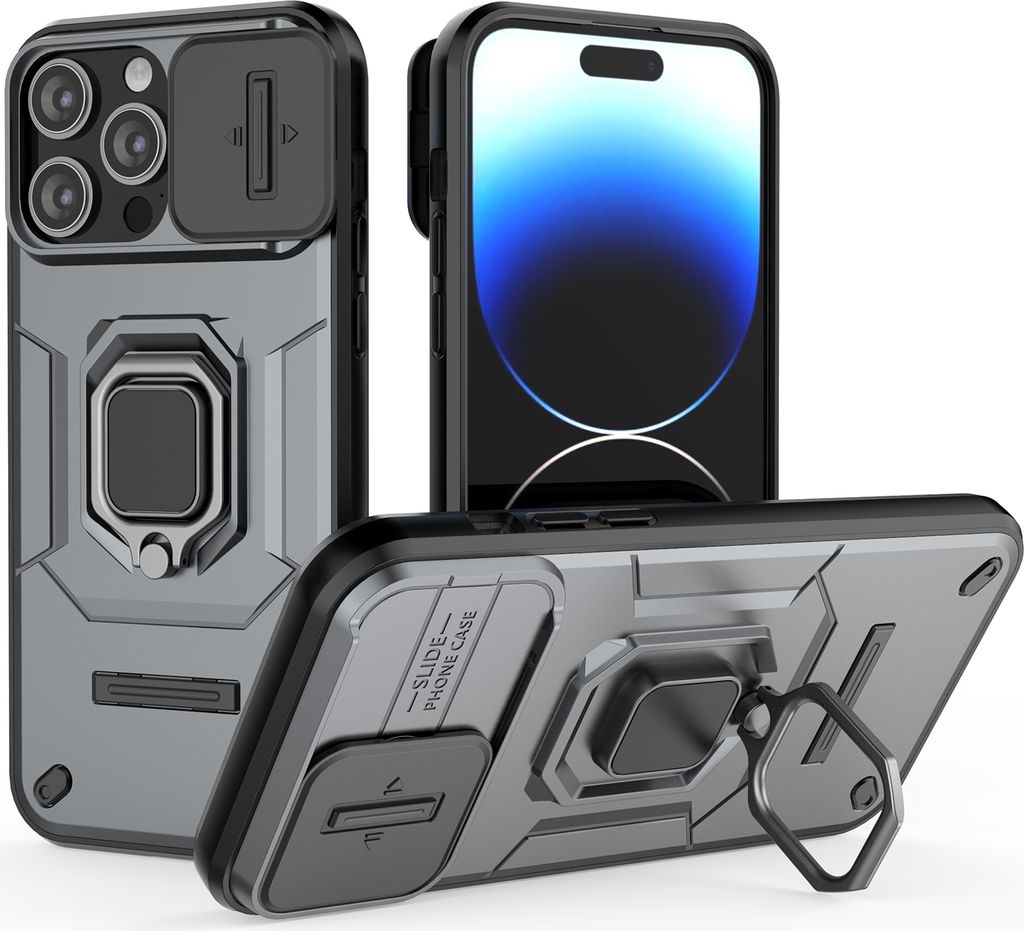 Hülle für iPhone 15 Pro Dual Layer Handyhülle Schiebe Kamera Schutz und Ringhalter Ständer Grau