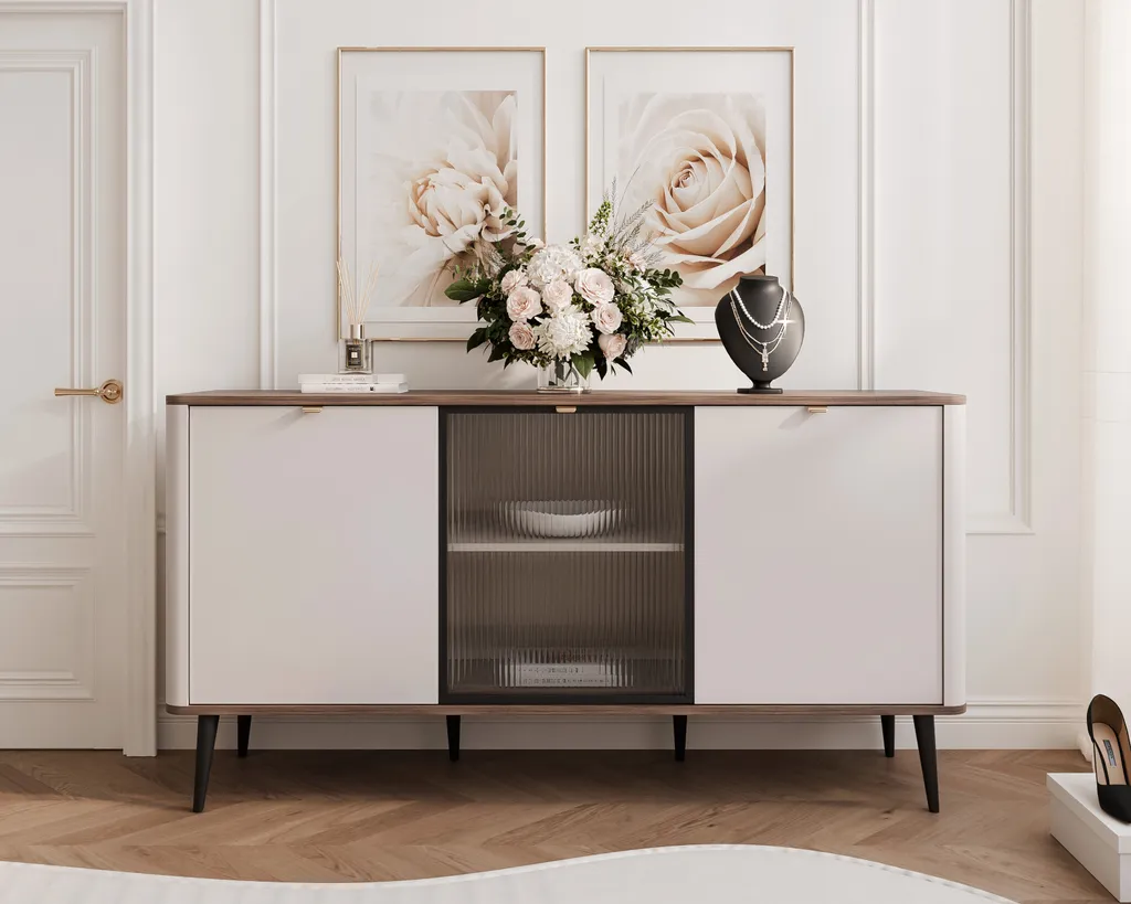 Meuble de rangement 160 cm NAVANI, bahut de salon chic effet strié