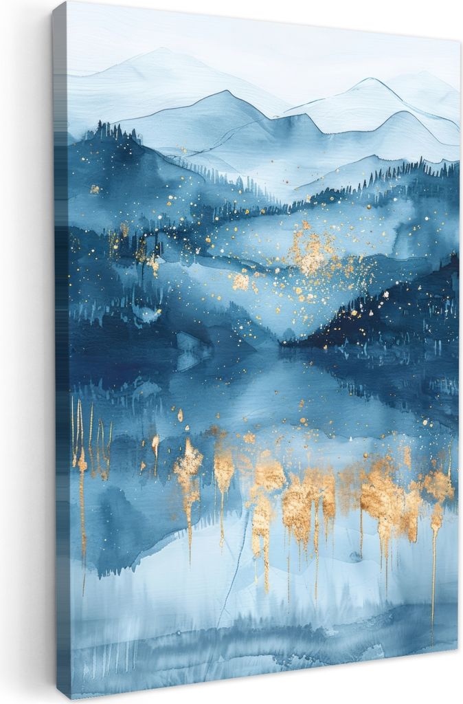 MuchoWow - Leinwandbilder - Landschaft - Blau - Modern - Gold - Abstrakt, Wandbild, Wanddeko Bilder Wohnzimmer, 60x90 cm