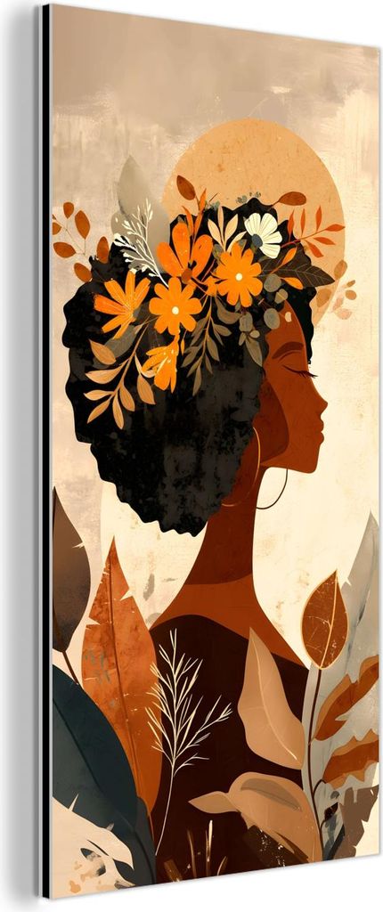 MuchoWow Wanddekoration Metall Metallbild Wandkunst 40x80 cm Frau - Locken - Blumen - Beige MuchoWow Aluminium Gemälde - Wanddekoration - Industrial