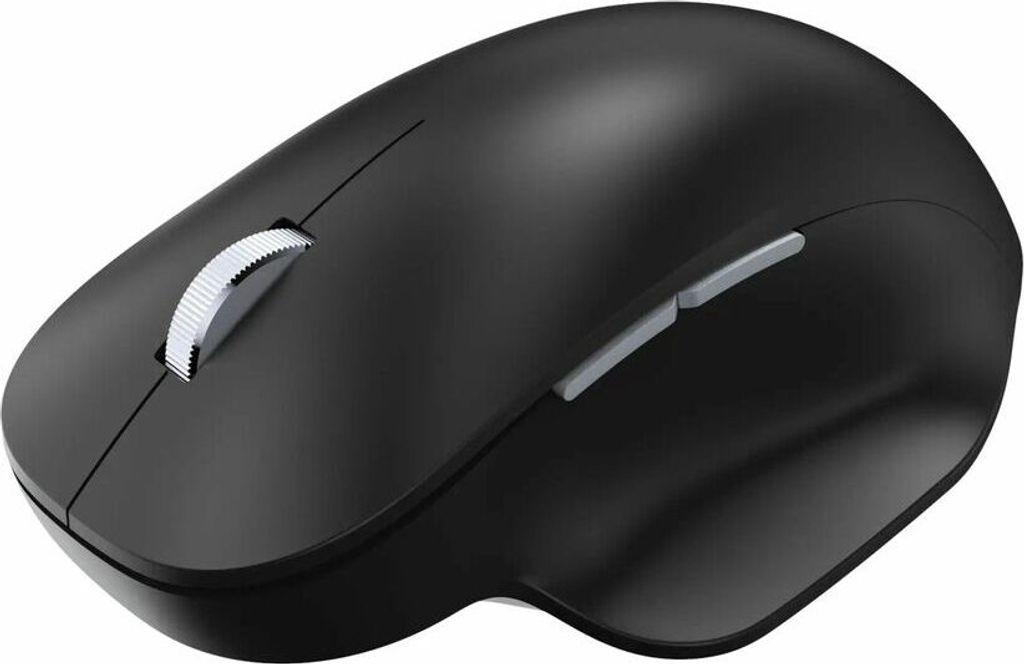 A black ergonomic computer mouse is shown from a slightly elevated side angle against a white background.