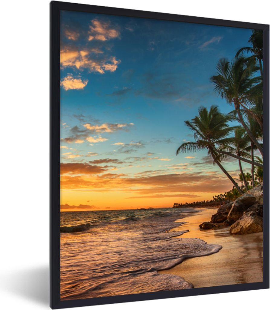 MuchoWow Gerahmtes Poster Strand - Sonnenuntergang - Meer - Palme 30x40 cm - Poster mit Schwarzem Bilderrahmen Wandposter Rahmen Foto Bilder - Wa...