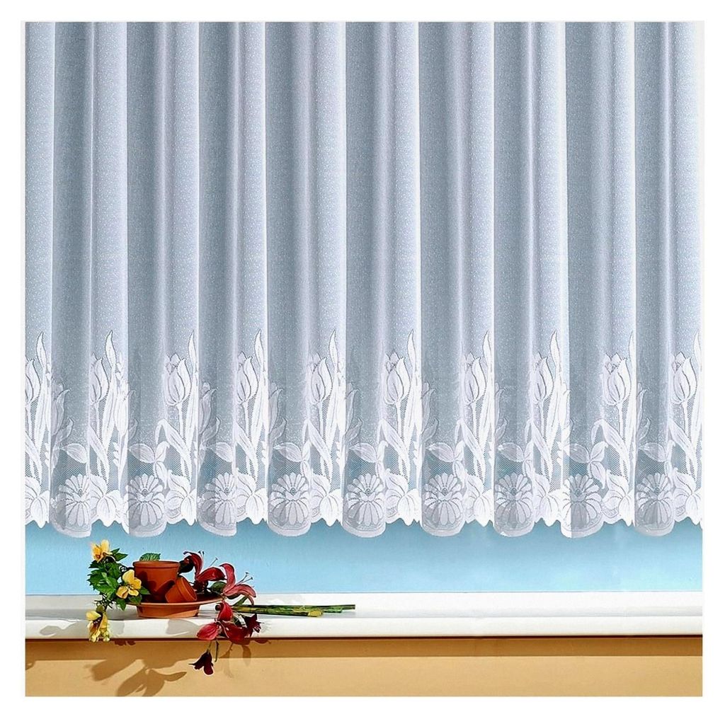 Store Gardine Jacquard weiß transparent mit Kräuselband und Blumenbordüre Höhe 85cm x Breite 300cm