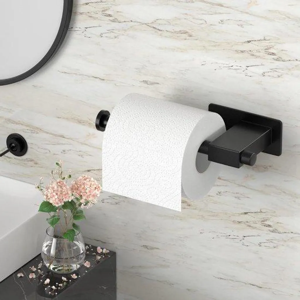 Porte-rouleau de WC noir mat autocollant - Support papier inox premium