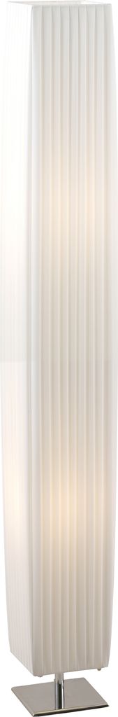 A tall, rectangular floor lamp with a white, pleated shade and a silver base.