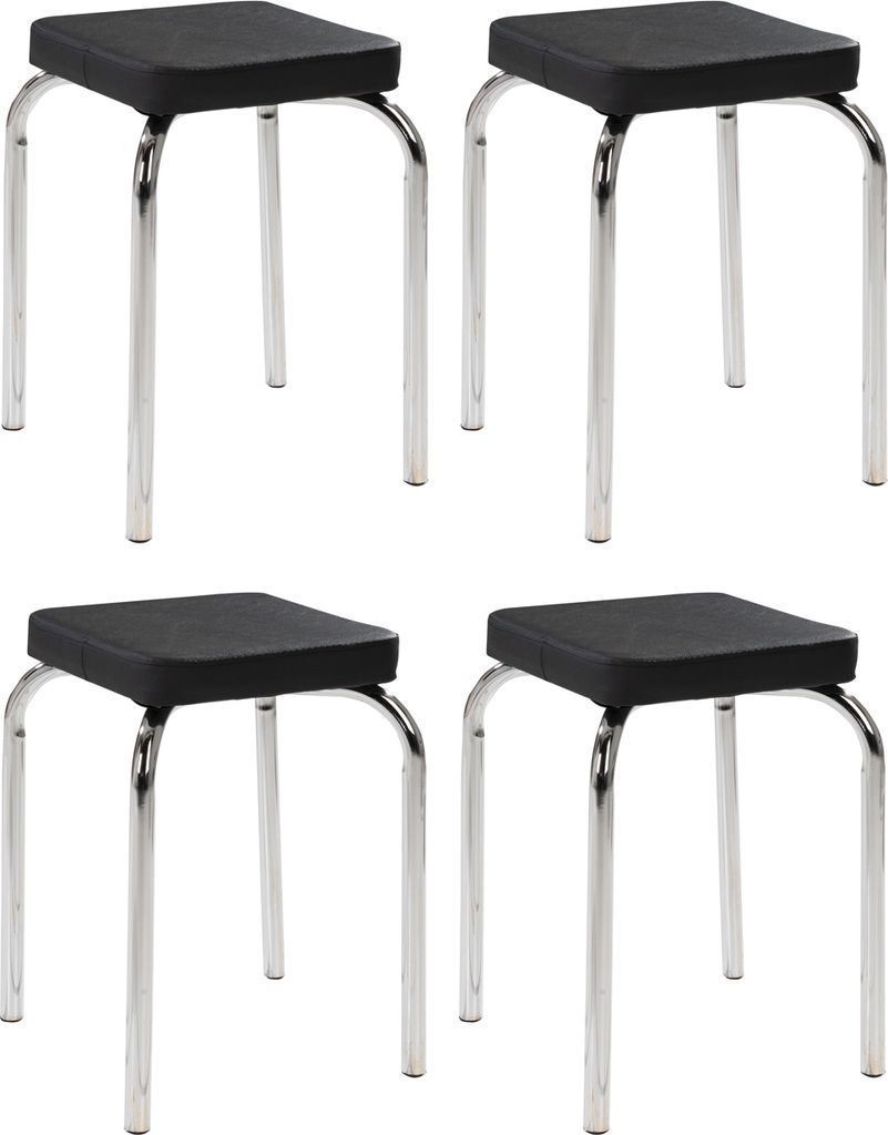 Hocker - 36 x 36 cm - Schwarz - Kunstleder - verchromtes Metallgestell - stapelbar - 4er Set