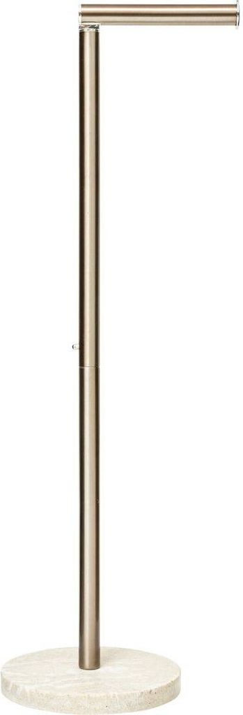 A freestanding toilet paper holder with a marble-effect base and a silver-colored pole and arm.