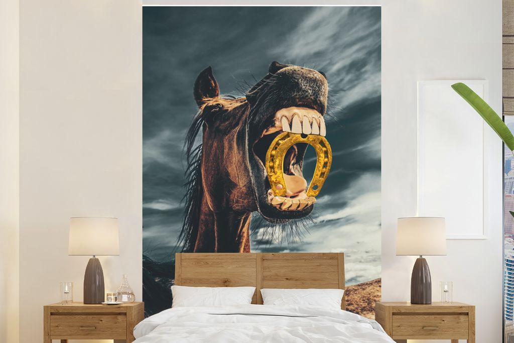 MuchoWow Fototapete für Wohnzimmer oder Schlafzimmer Wandtapete Vinyl Motivtapete Pferd - Hufeisen - Gold - Mädchen - Kinder - Mädchen - 160x2...