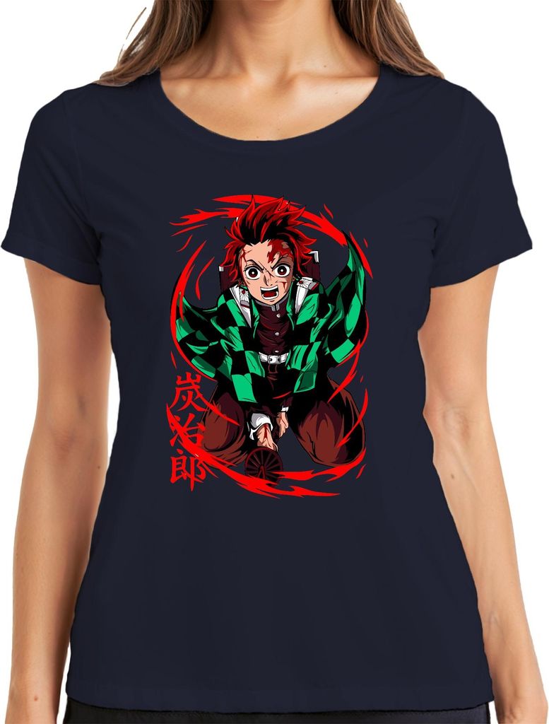 Tanjiro Kimetsu no Yaiba Sonnenatem Hinokami Anime Geschenk Damen T-Shirt, Navy, S