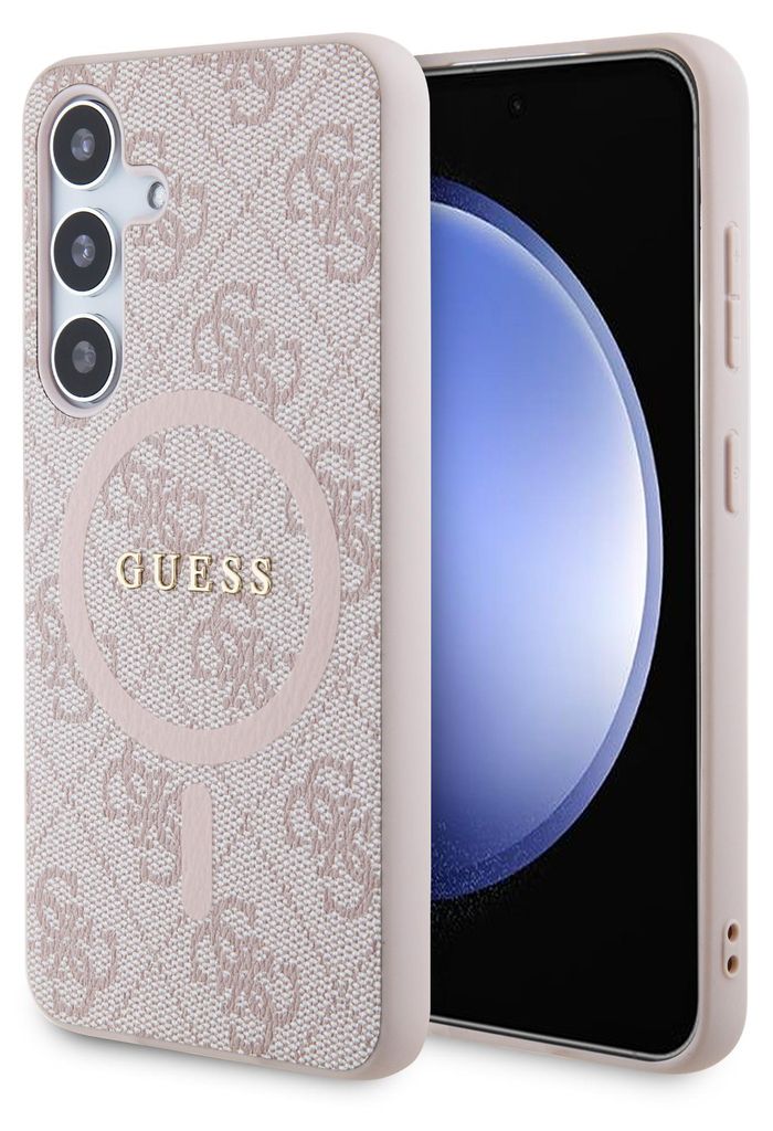 A pink Guess phone case with a repeating logo pattern and a gold Guess logo in the center, shown on a smartphone.