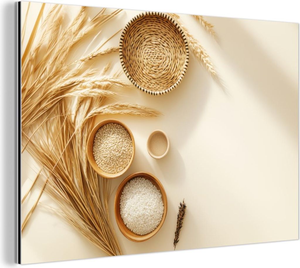 MuchoWow Wanddekoration Metall Metallbild Wandkunst 90x60 cm Müsli - Holz - Schale - Beige MuchoWow Aluminium Gemälde - Wandbilder