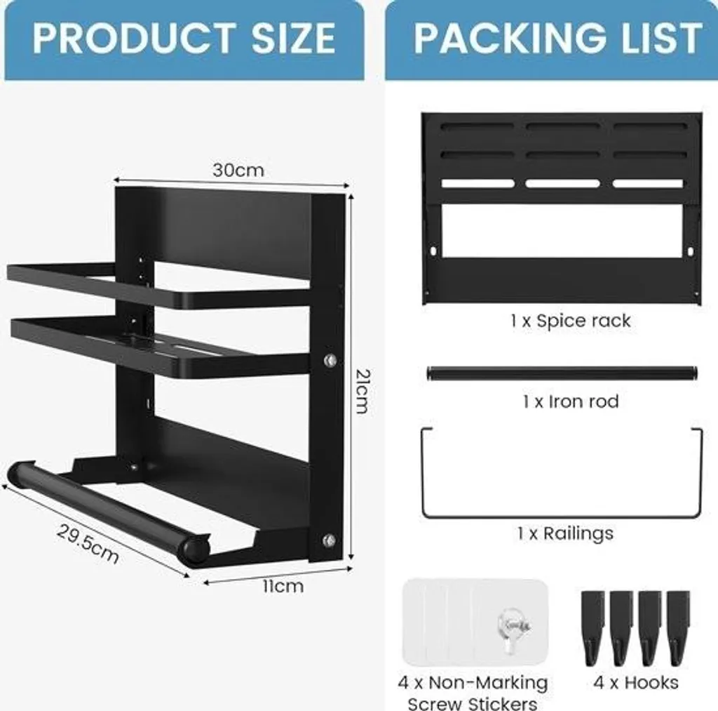 Scaffale portaspezie da parete senza foratura, in acciaio inox, per cucina, porta armadio, decorazione, bagno, nero