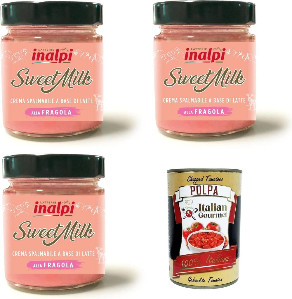 Inalpi-Sweet Milk Crema spalmabile Al gusto di Fragola Streichcreme mit Erdbeergeschmack 3x180gr + Italian Gourmet polpa 400gr